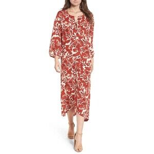 Anthropolgie HINGE Red Fall Floral Midi Button Dress Modest Feminine SIZE XXL